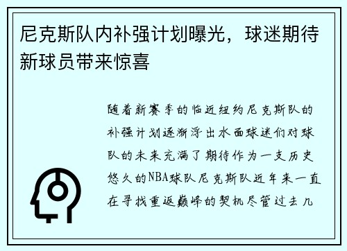 尼克斯队内补强计划曝光，球迷期待新球员带来惊喜